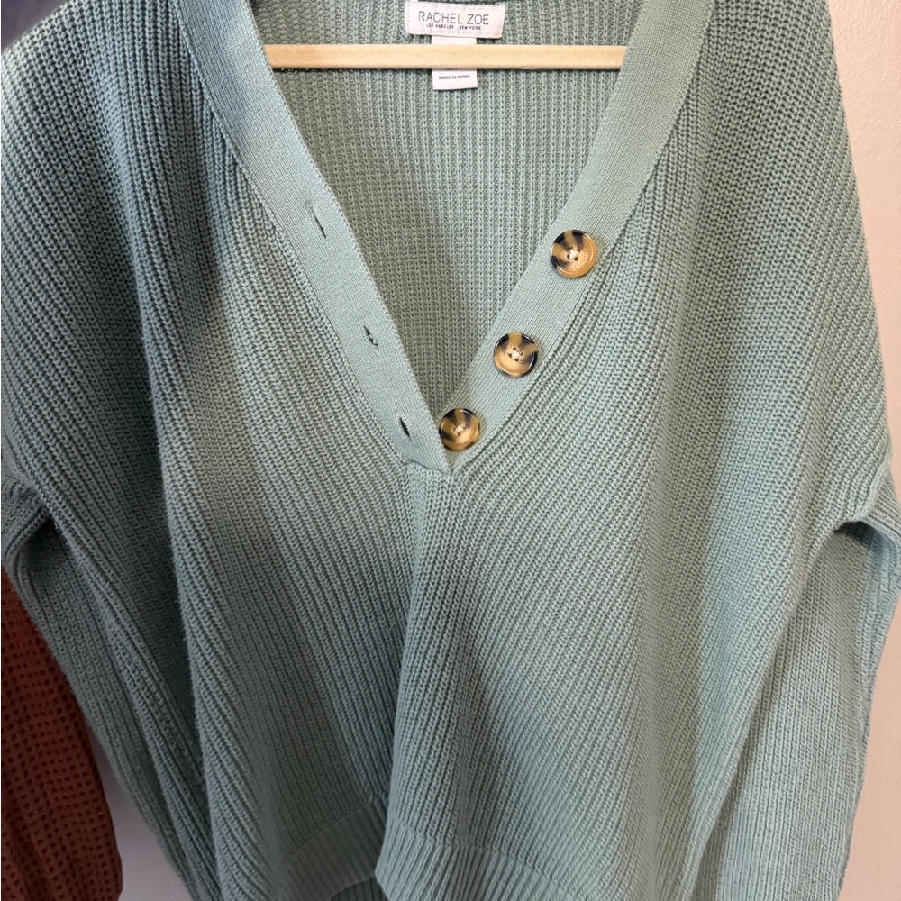 Rachel Zoe Mint Green V-Neck Button Knit Sweater
